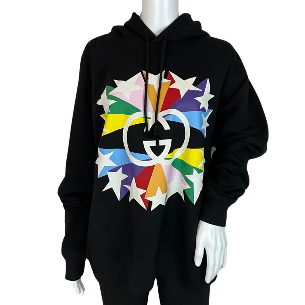 Gucci Women’s Sweatshirt Hoodie Interlocking GG Star Burst Graphic Black Sz S